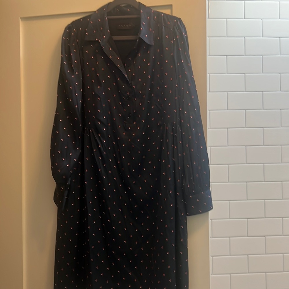 Silk Hatch Maternity shirt dress. Navy with red dots.